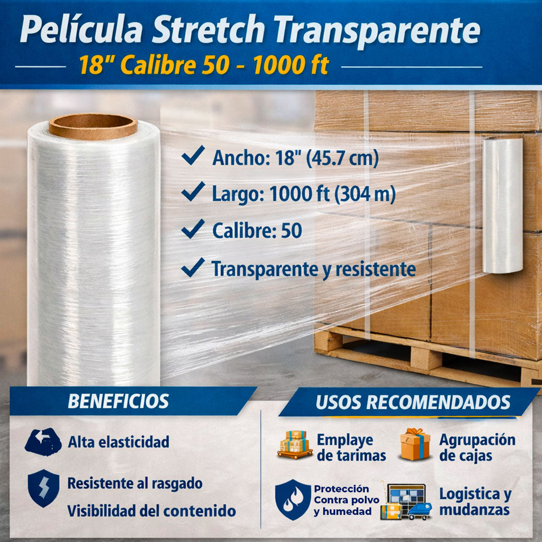 Película Stretch Transparente 18” – Rollo de 1000 ft