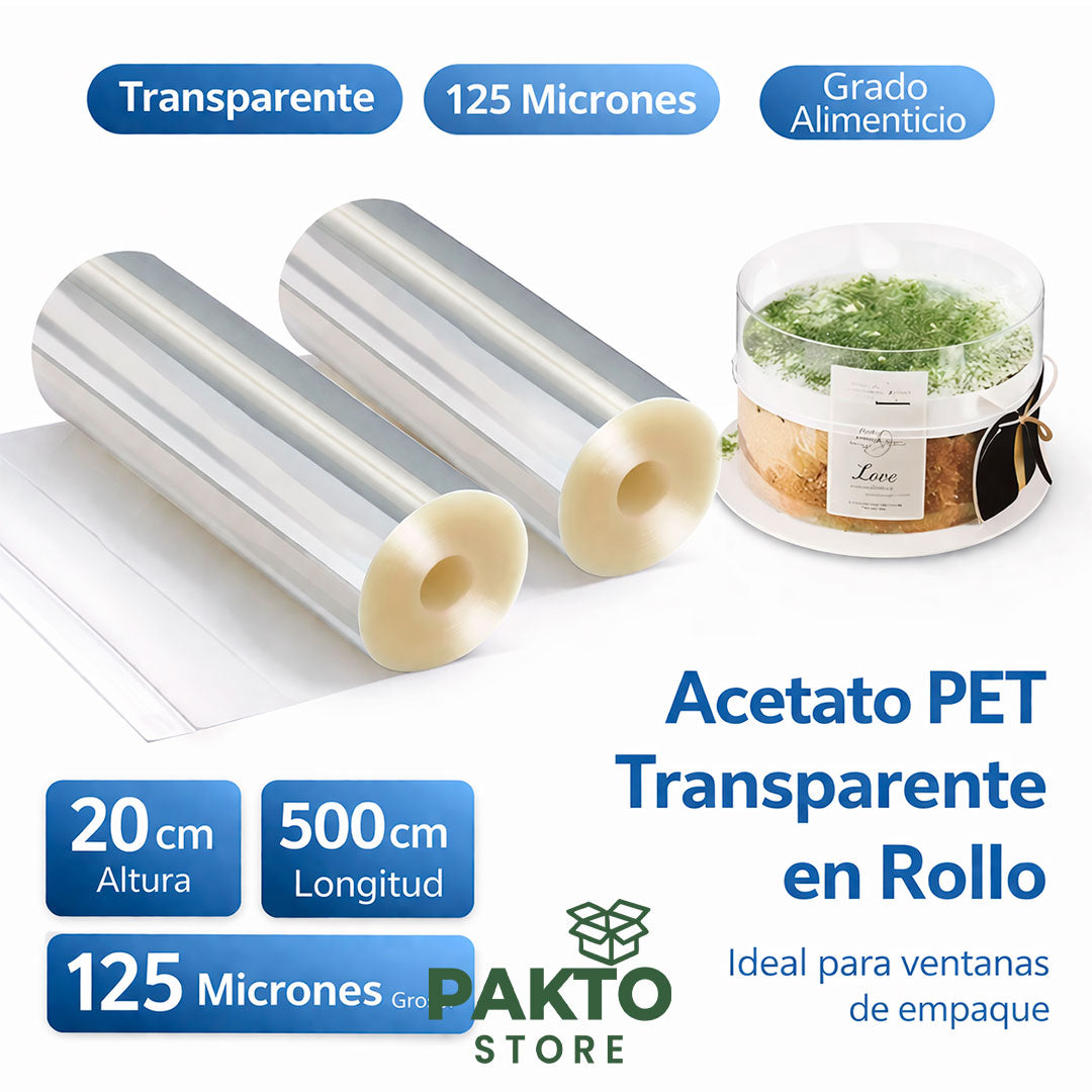 Rollo de Acetato Transparente 20 cm | 125 Micrones | PET Grado Alimenticio