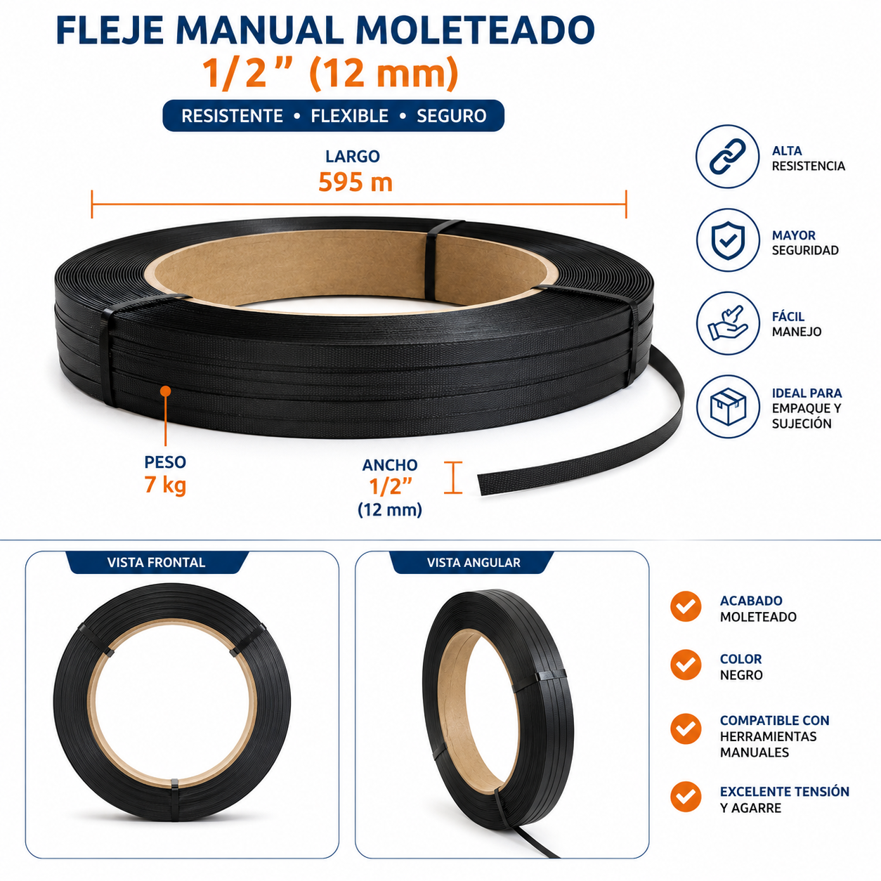 Fleje Manual Moleteado 1/2” Negro para Embalaje