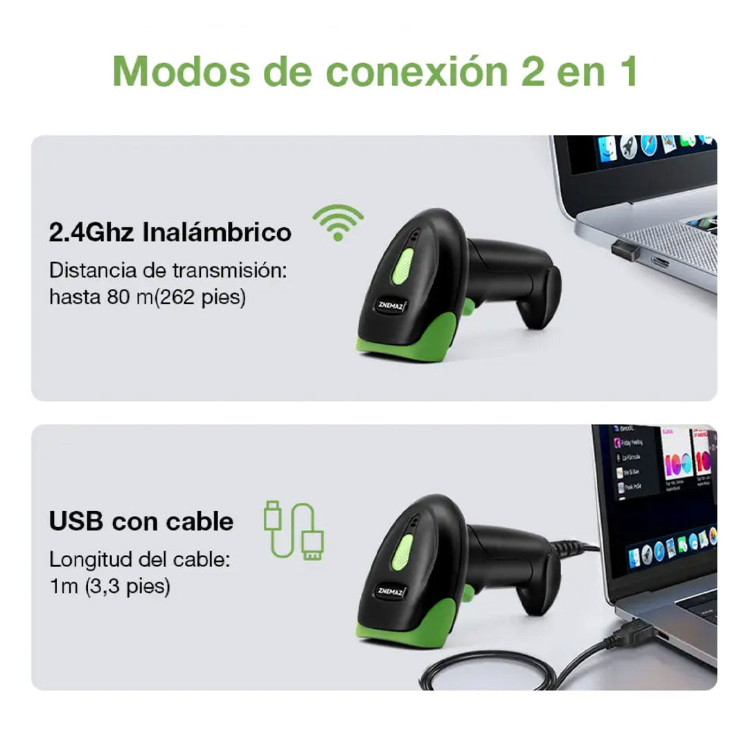 Lector de Códigos de Barras Inalámbrico 1D/2D/QR 2.4 GHz – ZNEMAZ U20-W