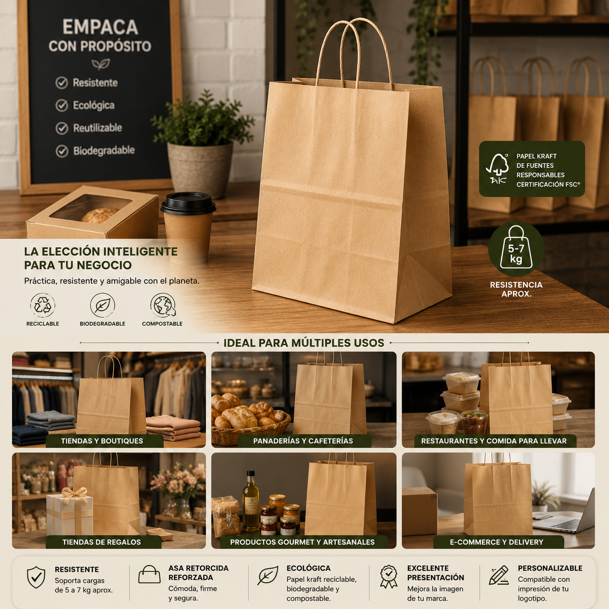 Bolsa de Papel Kraft con Asa Retorcida – 33 × 22 × 37 cm