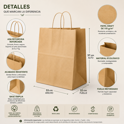 Bolsa de Papel Kraft con Asa Retorcida – 33 × 22 × 37 cm