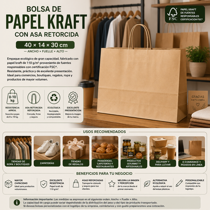 Bolsa de Papel Kraft con Asa Retorcida – 40 × 14 × 30 cm