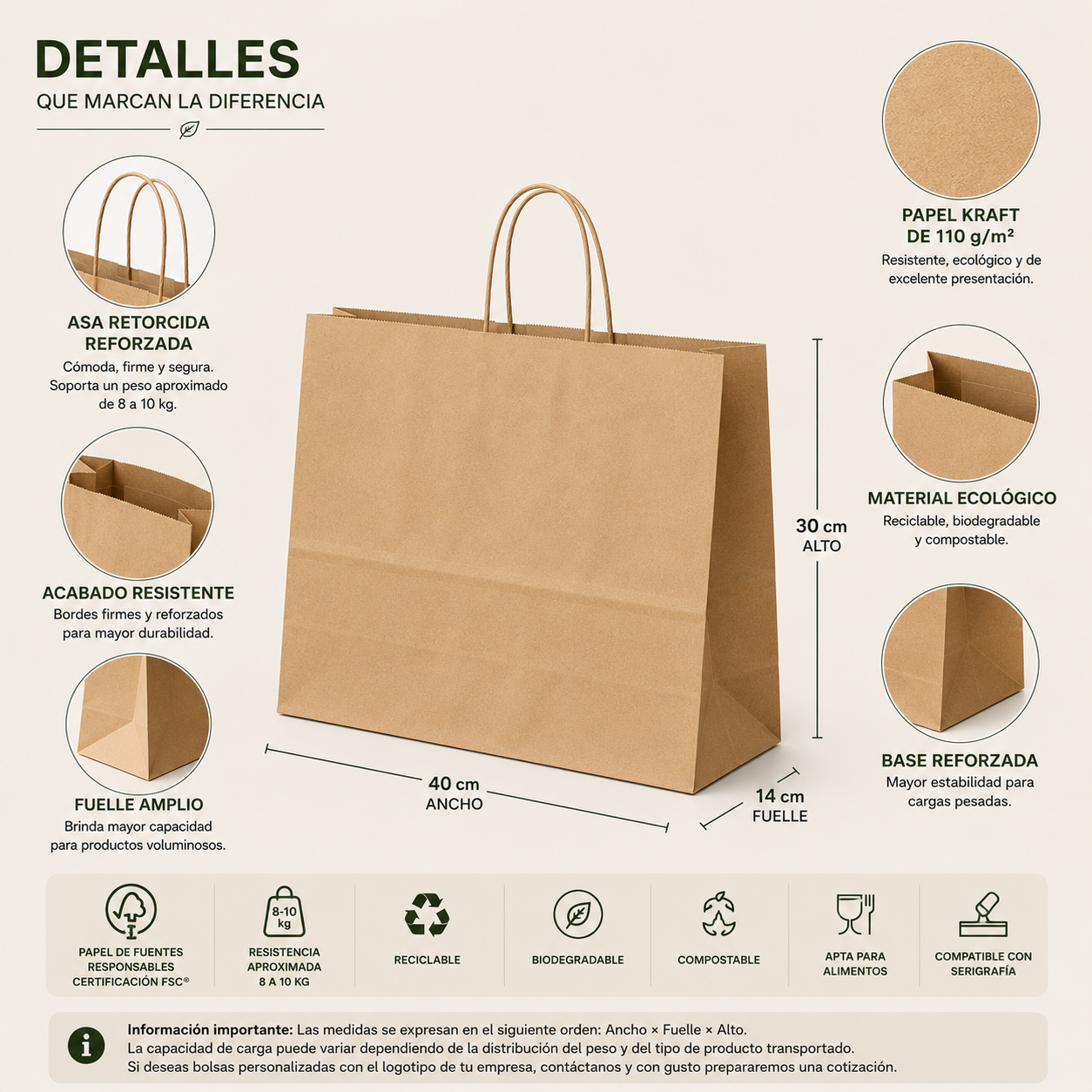 Bolsa de Papel Kraft con Asa Retorcida – 40 × 14 × 30 cm